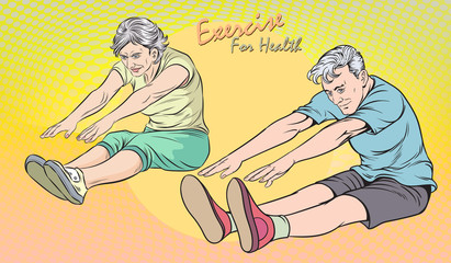 The elderly exercise for good health. Pop art retro illustration comic Style Vector.