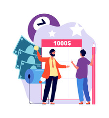 Winning lottery ticket. Man playing lottery, jackpot prize. Male gambling, casino winner vector illustration. Jackpot prize, lottery money gambling