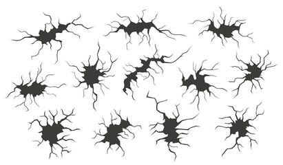 Dry cracks. Wall repair holes, damaged surface. Earthquake cracking or power collapse effects. Black cracked concrete ground vector set. Crash surface dry, earthquake and ground collapse illustration