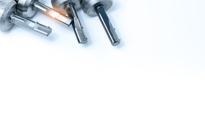 Set of special tools on white background. Made to order special tools. Closeup detail tip of reamer. HSS cemented carbide. Carbide cutting tool for industrial applications. Industry special tools.