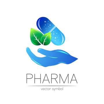 Pharmacy vector symbol with green leaf for pharmacist, pharma store, doctor and medicine. Modern design vector logo on white background. Pharmaceutical blue icon logotype tablet pill capsule with hand