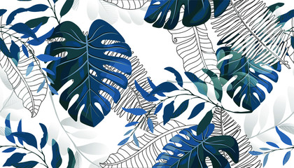 Summer hawaiian seamless pattern with exotic tropical plants, palm tree, monstera leaves © andrei