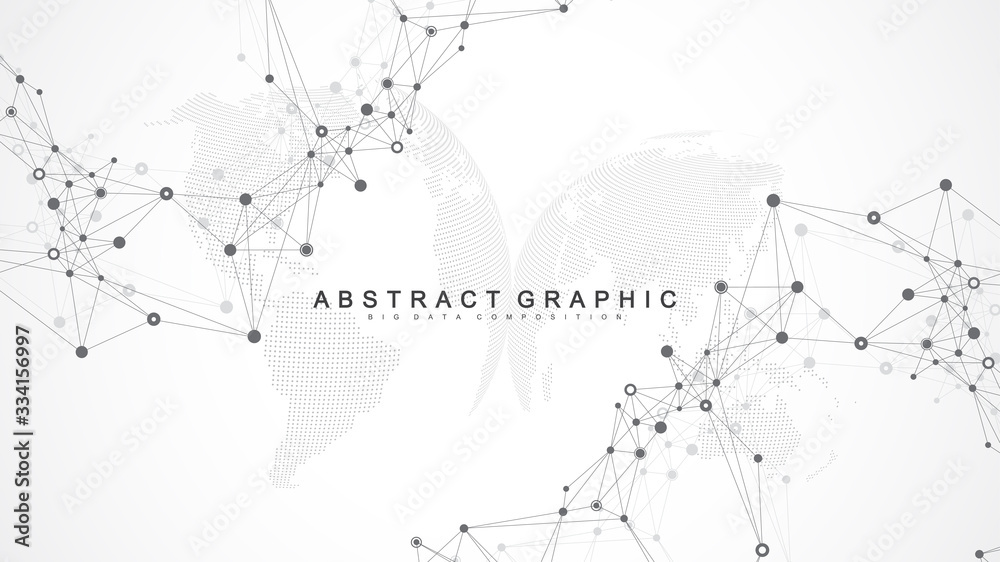 Poster Geometric abstract background with connected line and dots. Network and connection background for your presentation. Graphic polygonal background. Wave flow. Scientific vector illustration.