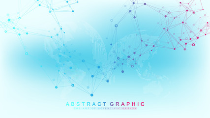 Geometric abstract background with connected line and dots. Network and connection background for your presentation. Graphic polygonal background. Wave flow. Scientific vector illustration.