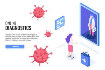 Covid-19 online diagnostics virus. Patient and female doctor. Pandemic covid-19 coronavirus. Isometric web banner for landing page. Vector illustration.