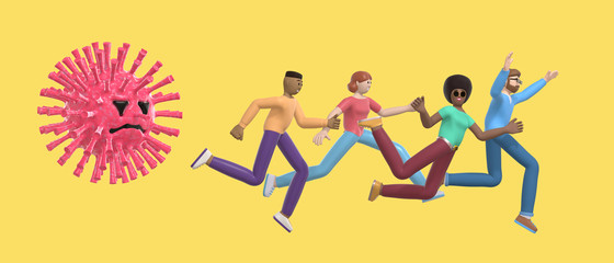 Panic fear virus. A multinational group of young people runs away in horror from huge molecule. Cartoon character guys and girls afraid disease, pandemic, coronavirus yellow background. 3D rendering