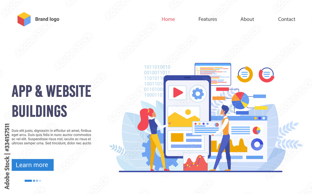 Aufkleber Application and website buildings landing page template flat vector illustration concept. Software development, responsive website interface, app marketing plan and graphic design, web engine core