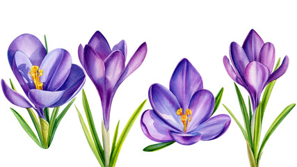 Purple crocus flower, isolated white background, watercolor illustration
