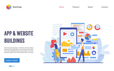 Application and website buildings landing page template flat vector illustration concept. Software development, responsive website interface, app marketing plan and graphic design, web engine core