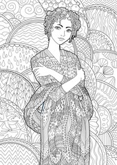 Coloring book for adults with beautiful lady in the empire style