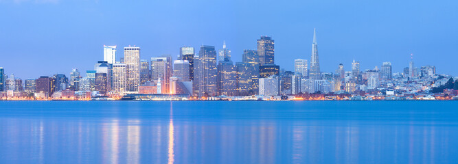 City skyline across the bay at dawn, San Francisco, California, United States