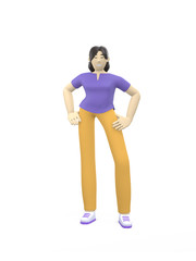 3D rendering character of an Asian girl standing in a free pose. Happy cartoon people, student, businessman. Positive illustration is isolated on a white background.