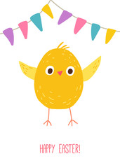 Funny chicken. Cute chick. Easter vector postcard. Cartoon vector hand drawn eps 10 illustration isolated on dark background in a flat style.