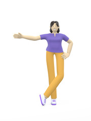 3D rendering character of an asian girl hand to side. Place for text, layout, template, clean empty space. Positive illustration is isolated on a white background.