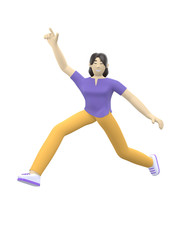 3D rendering character of an Asian girl jumping and dancing holding his hands up. Happy cartoon people, student, businessman. Positive illustration is isolated on a white background.