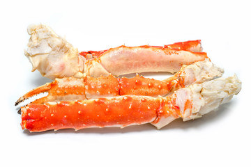 Alaskan King Crab isolated on white background, Cooked Organic Alaskan King Crab Legs on white,