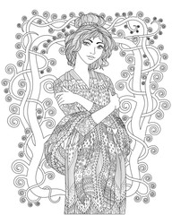 Coloring book for adults with beautiful lady in the empire style