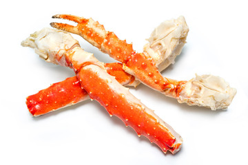 Alaskan King Crab isolated on white background, Cooked Organic Alaskan King Crab Legs on white,