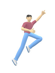 3D rendering character of an Asian guy jumping and dancing holding his hands up. Happy cartoon people, student, businessman. Positive illustration is isolated on a white background.