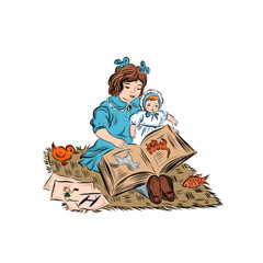 Little girl read book to doll. Children's girls' games.