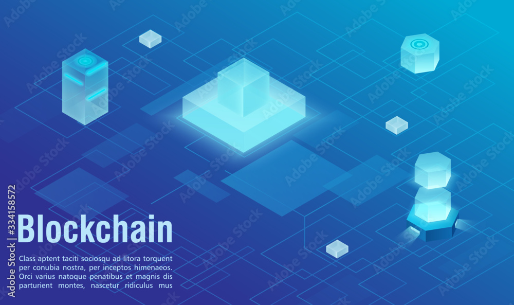 Leinwandbilder Blockchain technology structure abstract isometric vector illustration background. Blue virtual scheme distributed protected database with blocks as geometry figures linked using cryptography as lines