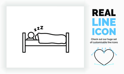 Editable real line icon of a stick figure sleeping in his bed with a blanket and three times te letter z symbol for snoring in modern black lines on a clean white background as a eps vector file