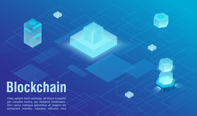 Blockchain technology structure abstract isometric vector illustration background. Blue virtual scheme distributed protected database with blocks as geometry figures linked using cryptography as lines