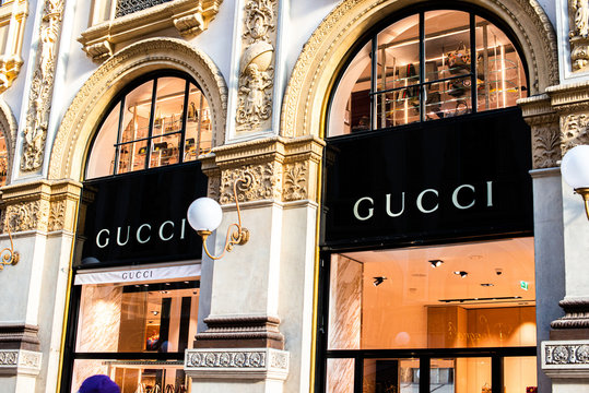 Gucci store window and logo, Milan Galleria Vittorio Emanuele II Stock  Photo | Adobe Stock