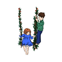 Boy and girl swing on a swing entwined with leaves and flowers