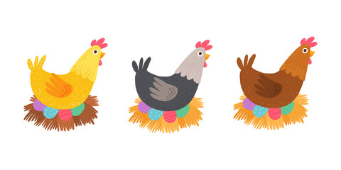 Easter chicken with holiday eggs isolated on white. Cartoon hand drawn10 illustration isolated on dark background in a flat style.