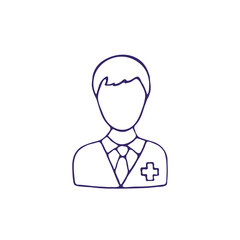 Black hand drawn doctor face icon on white background. Medical symbol. Doodle vector illustration.