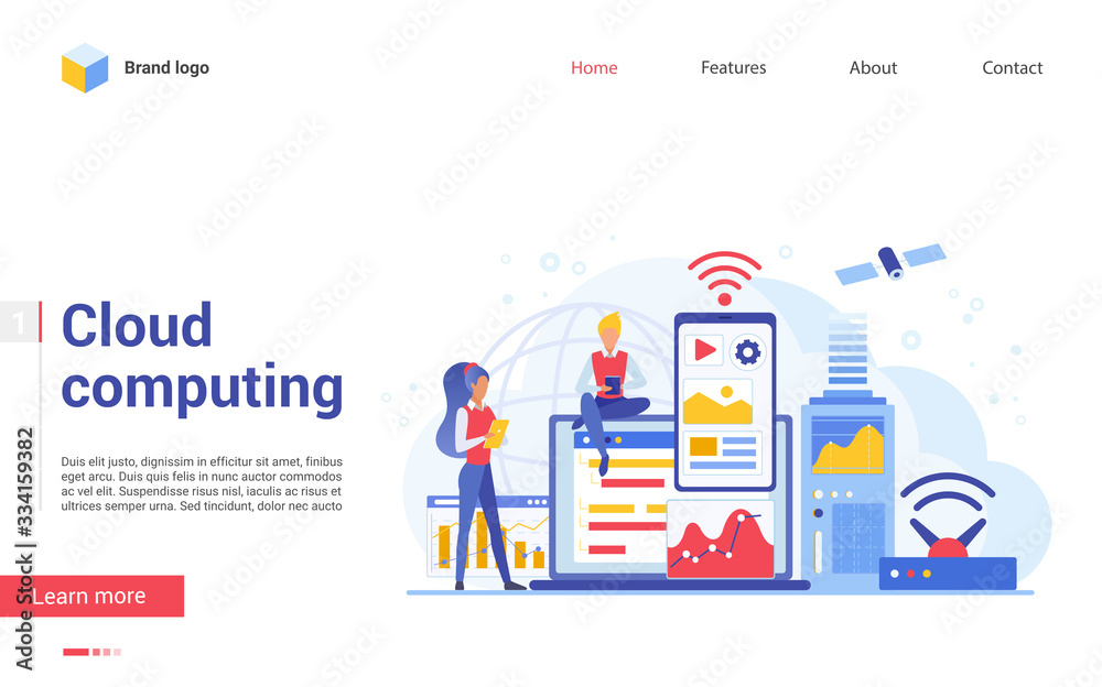 Poster Modern cloud computing technology landing page template flat vector illustration concept. Cloud Computing Concept. Data storage protection, computing science disk services, connection innovations