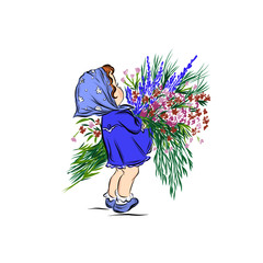 Girl in head scarf and blue dress holds bouquet of wildflowers. 