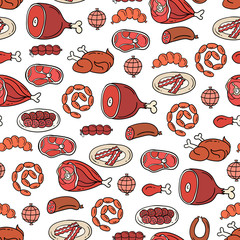 Naklejka na ściany i meble Vector colorful pattern on the theme of food. Background with isolated meat, sausage, chicken, pork, beef on white color