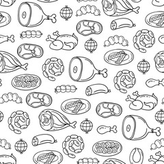 Vector pattern on the theme of food. Background with isolated meat, sausage, chicken, pork, beef on white color. Line art