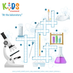 Easy crossword puzzle 'At the laboratory', for children in elementary and middle school. Fun way to practice language comprehension and expand vocabulary. Includes answers.
