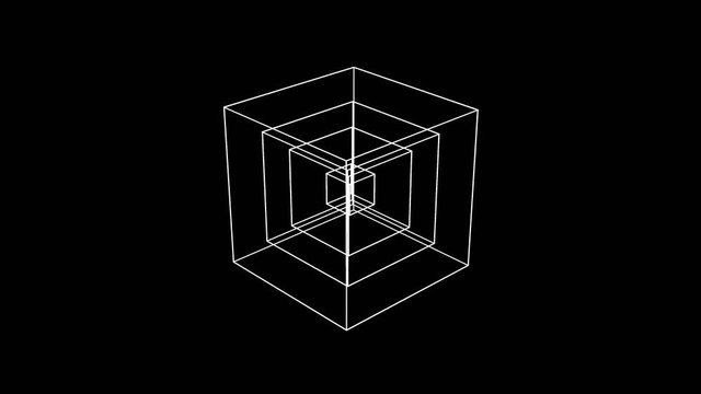 A wireframe cube element rotates (Loop).