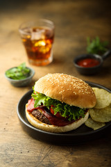 Homemade beef burger with chips