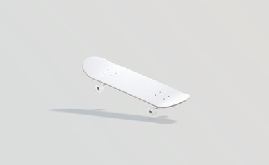Blank white wood skateboard mock up, no gravity, gray background