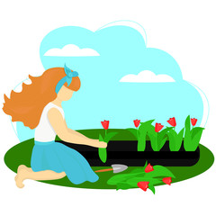 Obraz na płótnie Canvas Young redhair woman plants tulips in the flowerbed. Female character enjoying her hobby. Concept spring gardening work. Illustration in flat style.