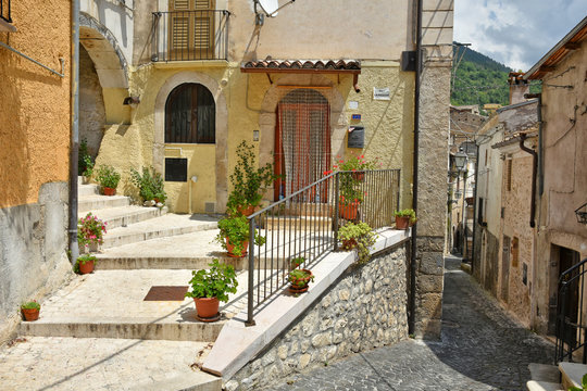 Pacentro, Italy. A narrow street between the old houses of a medieval village