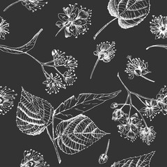 Linden blossom hand drawn seamless pattern with flower, lives and branch in yellow and green colors on chalkboard background. Retro vintage graphic design Botanical sketch drawing,