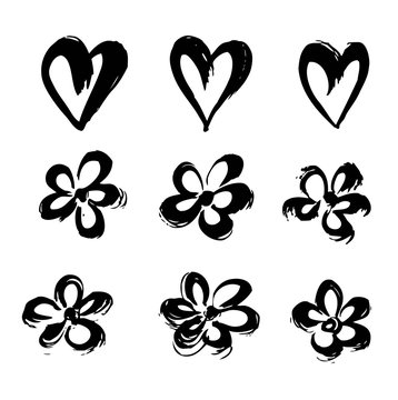 Hand drawn from textured strokes thick paint a hearts and flowers isolated on white background