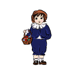 Boy holding a basket with easter eggs dressed in vintage clothes.  