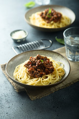 Homemade traditional pasta Bolognese with minced meat and tomato sauce