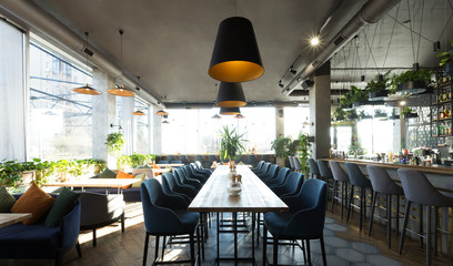 Comfortable modern dining place, contemporary design, panorama