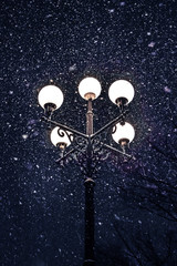 a street lamp shines at night under a snowfall in a park
