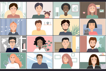 Online students lesson or meeting. Coronavirus quarantine distance education concept. Stay at home vector illustration. Studying pupils or students. Laptop screenshot