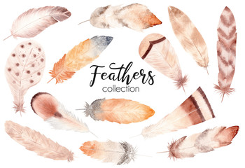 Watercolor hand painted feather set. Boho style illustration isolated on white.