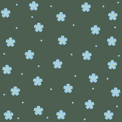 Pattern of small blue forget-me-nots flowers in geometric order on a green background, vector illustration, packaging, print, texture